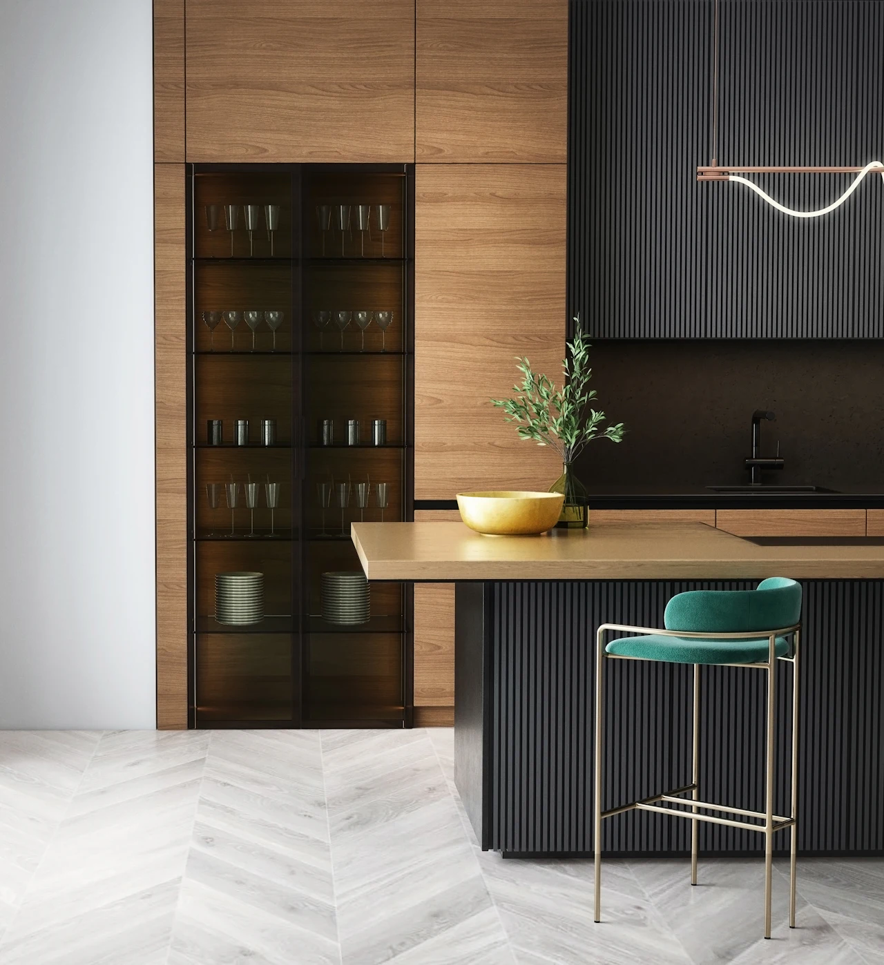 Home bar with fluted dark cabinetry, warm wood panels and a glass display cabinet
