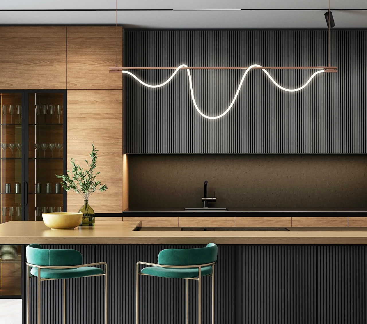 Bar with wood counter and dark fluted panels