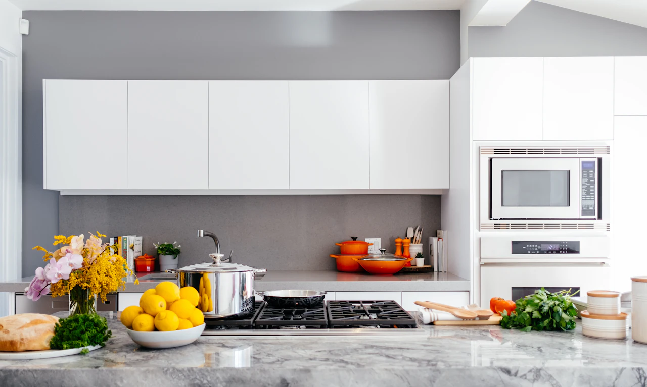 Granite kitchen countertop with natural grey veining