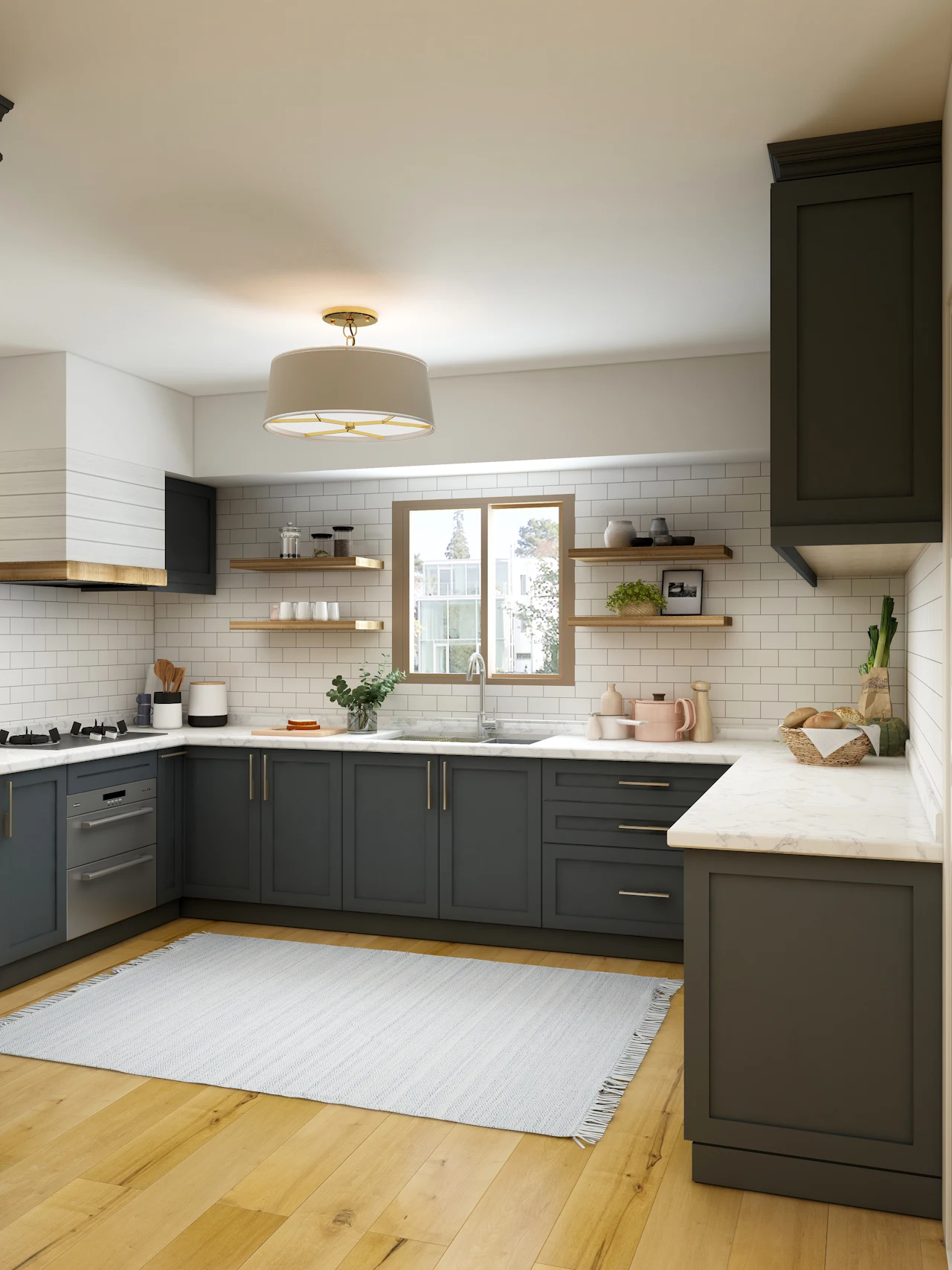Kitchen with deep sage shaker cabinets and open shelves