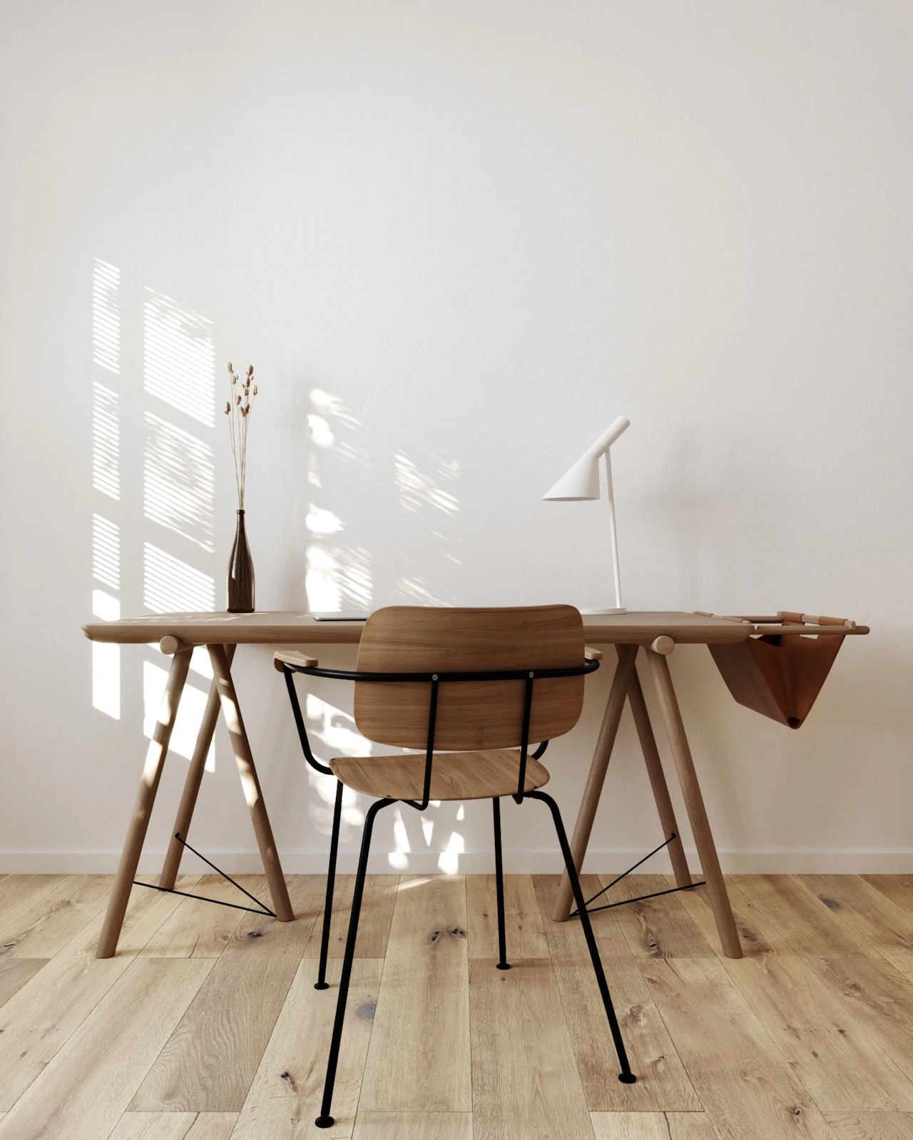 Timber desk in a bright room