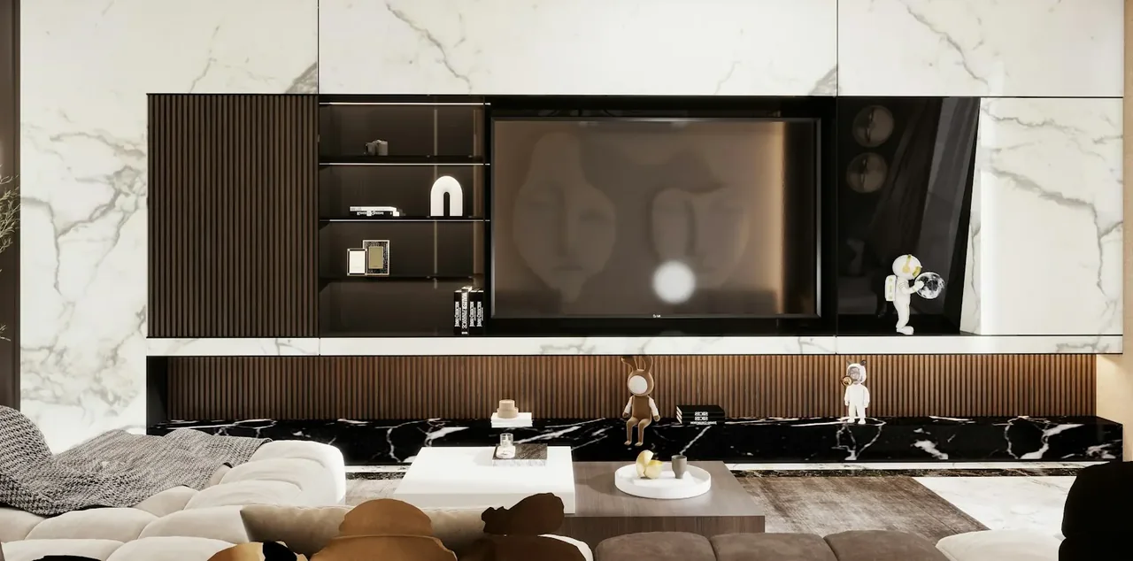Media wall with dark wood shelving framed in marble