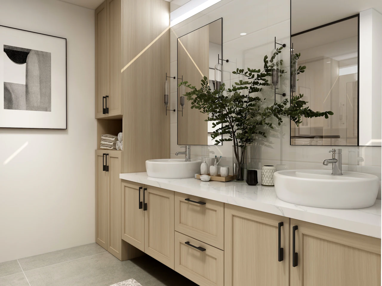 Oak double vanity with vessel sinks