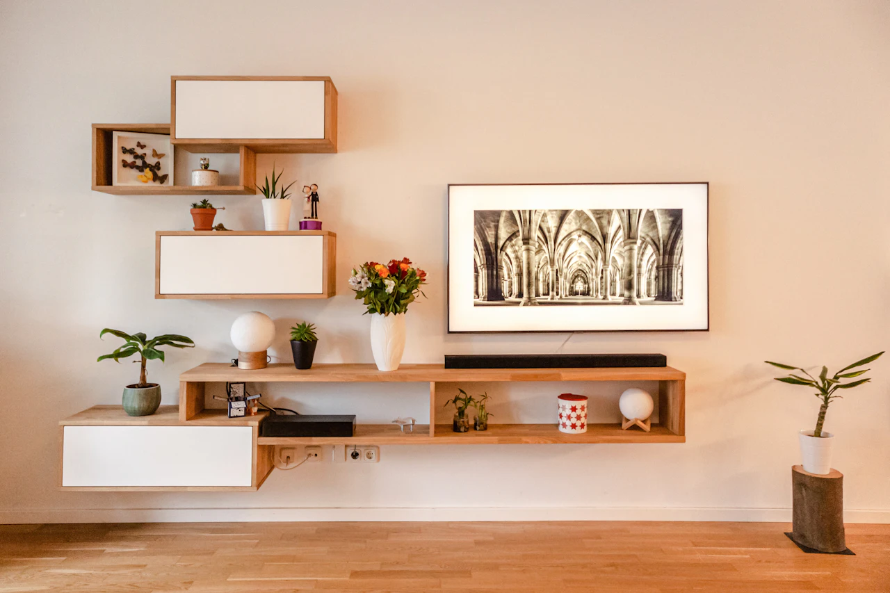 Floating wall shelving and media console